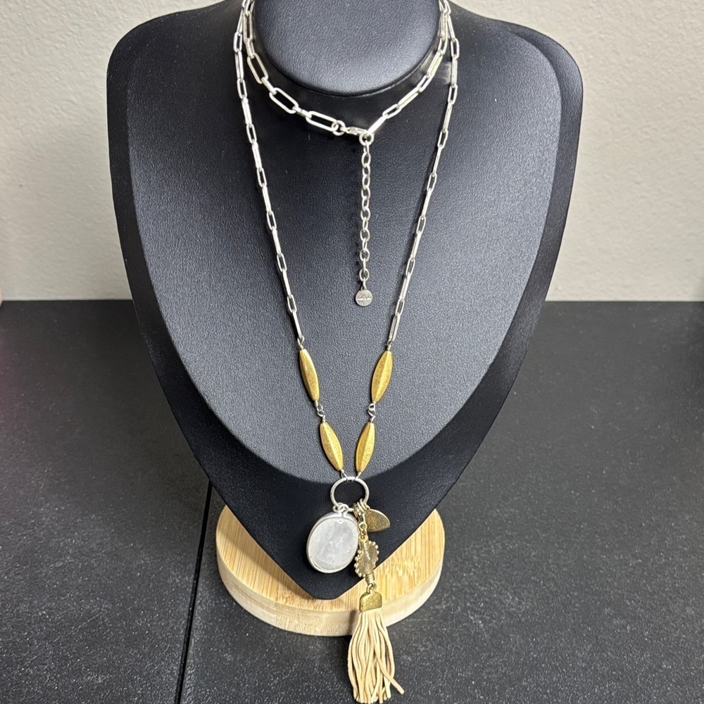 Stella & Dot Milky Stone Tassel Charm Long Necklace